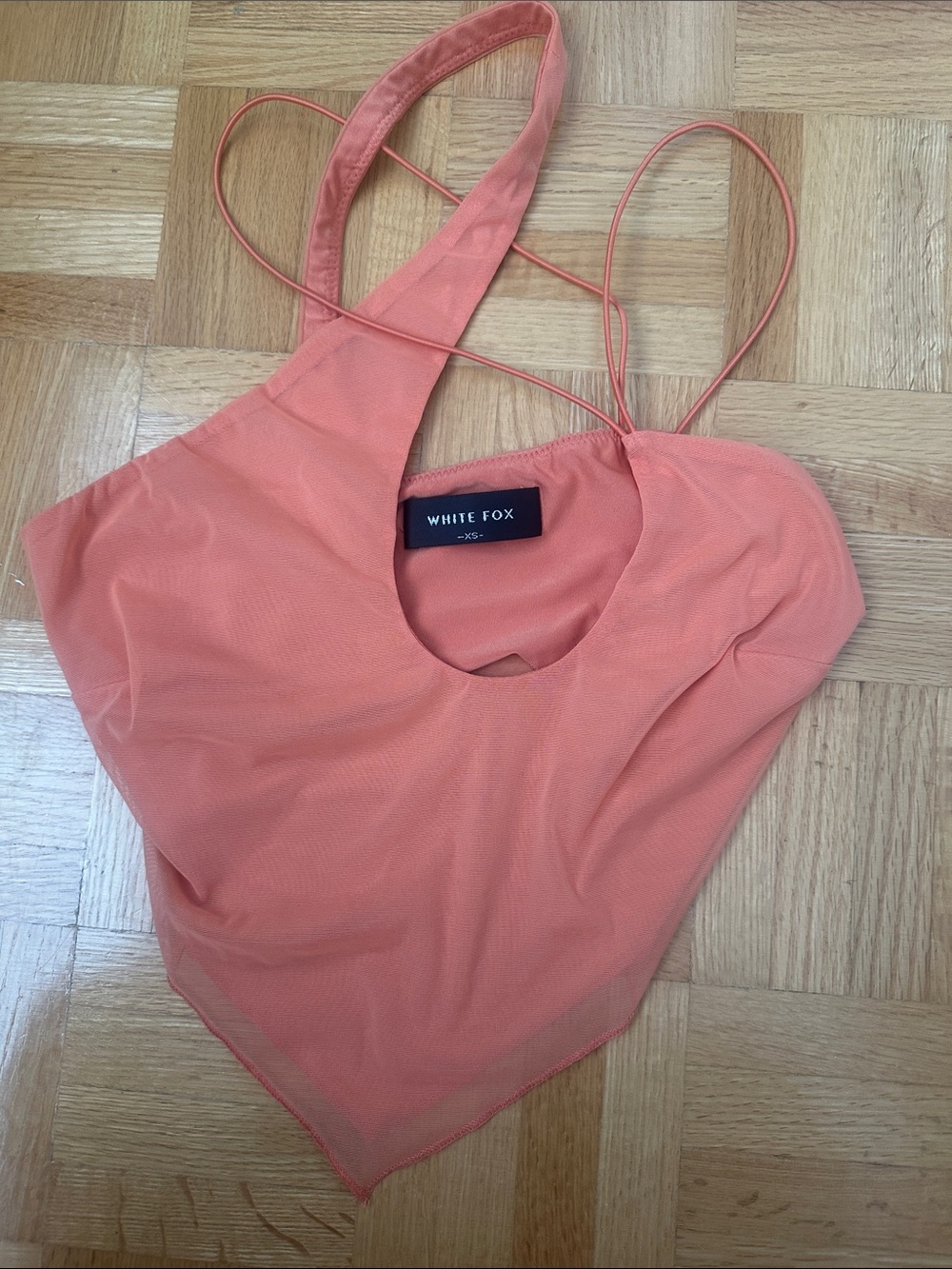 White Fox Boutique Coral Mesh Handkerchief Crop Top
